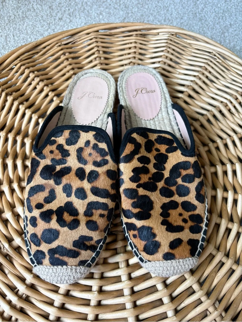 J Crew Neutral Leopard Print Calf Hair Slip On Espadrille Sandals Size 8